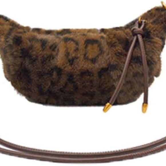Leopard Faux Fur Dumpling Bag Crossbody Purse for Women Small Fuzzy Shoulder - Picture 1 of 9